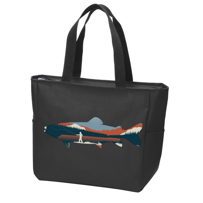 Trout Silhouette Fly Fishing Mountain Sunset Zip Tote Bag