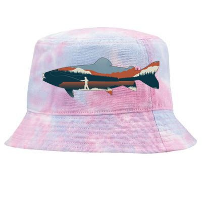 Trout Silhouette Fly Fishing Mountain Sunset Tie-Dyed Bucket Hat