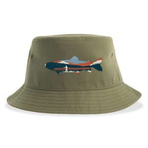 Trout Silhouette Fly Fishing Mountain Sunset Sustainable Bucket Hat