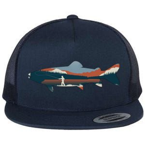 Trout Silhouette Fly Fishing Mountain Sunset Flat Bill Trucker Hat