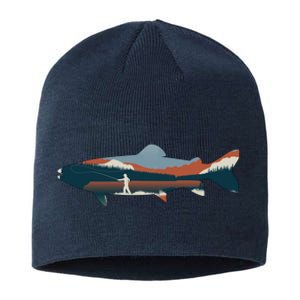 Trout Silhouette Fly Fishing Mountain Sunset Sustainable Beanie