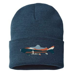 Trout Silhouette Fly Fishing Mountain Sunset Sustainable Knit Beanie