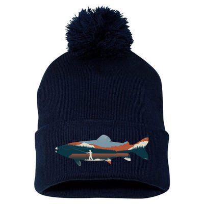 Trout Silhouette Fly Fishing Mountain Sunset Pom Pom 12in Knit Beanie