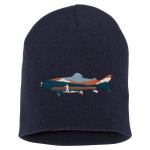 Trout Silhouette Fly Fishing Mountain Sunset Short Acrylic Beanie