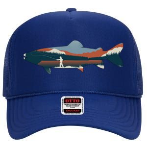 Trout Silhouette Fly Fishing Mountain Sunset High Crown Mesh Back Trucker Hat