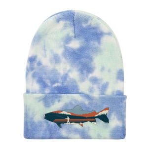 Trout Silhouette Fly Fishing Mountain Sunset Tie Dye 12in Knit Beanie