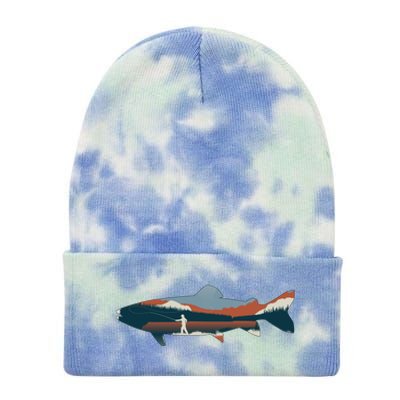 Trout Silhouette Fly Fishing Mountain Sunset Tie Dye 12in Knit Beanie