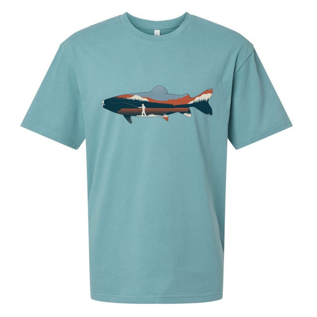 Trout Silhouette Fly Fishing Mountain Sunset Sueded Cloud Jersey T-Shirt