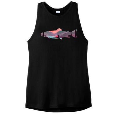 Trout Silhouette Fly Fishing Mountain Sunset River Stream Ladies PosiCharge Tri-Blend Wicking Tank