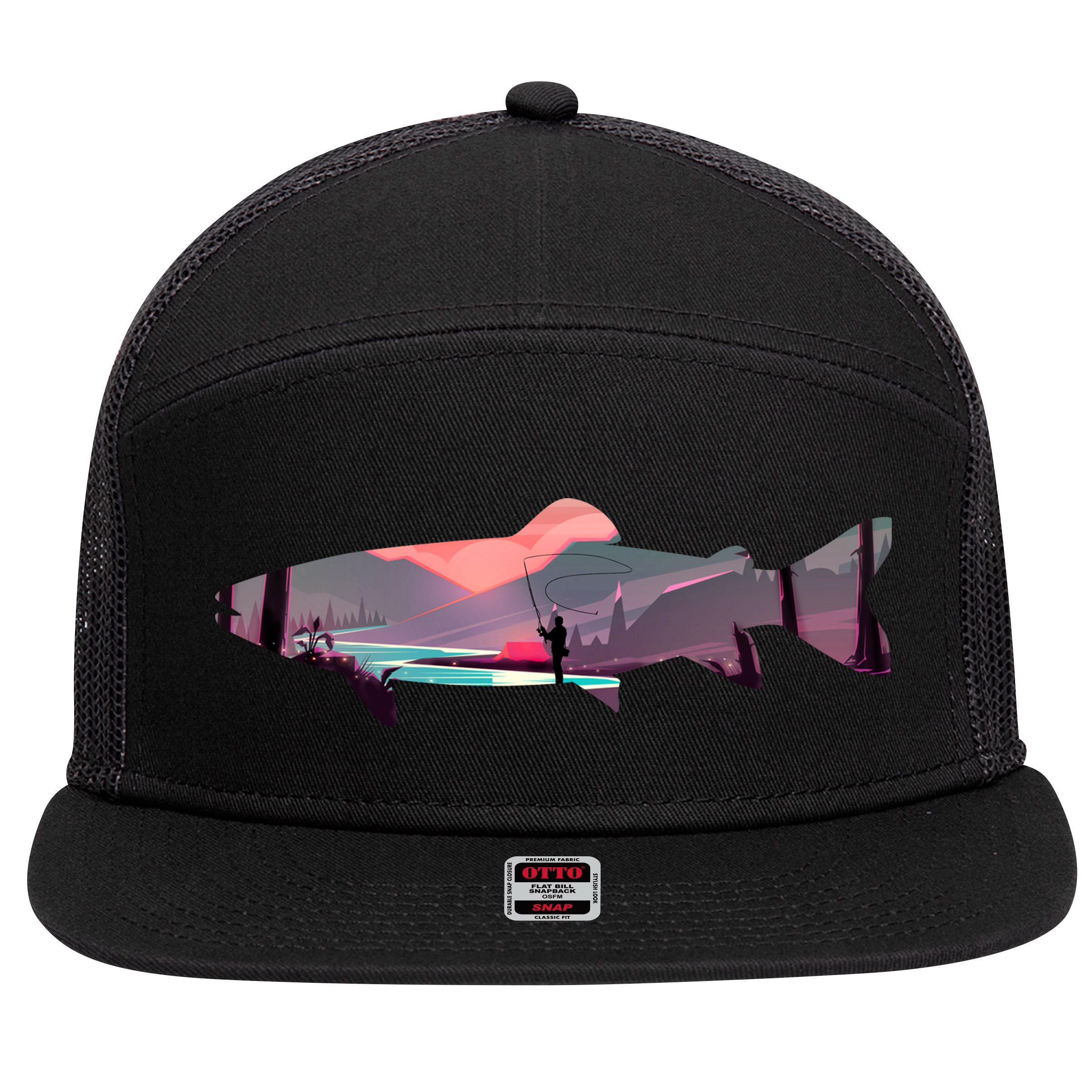 Trout Silhouette Fly Fishing Mountain Sunset River Stream 7 Panel Mesh Trucker Snapback Hat