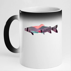 Trout Silhouette Fly Fishing Mountain Sunset River Stream 11oz Black Color Changing Mug