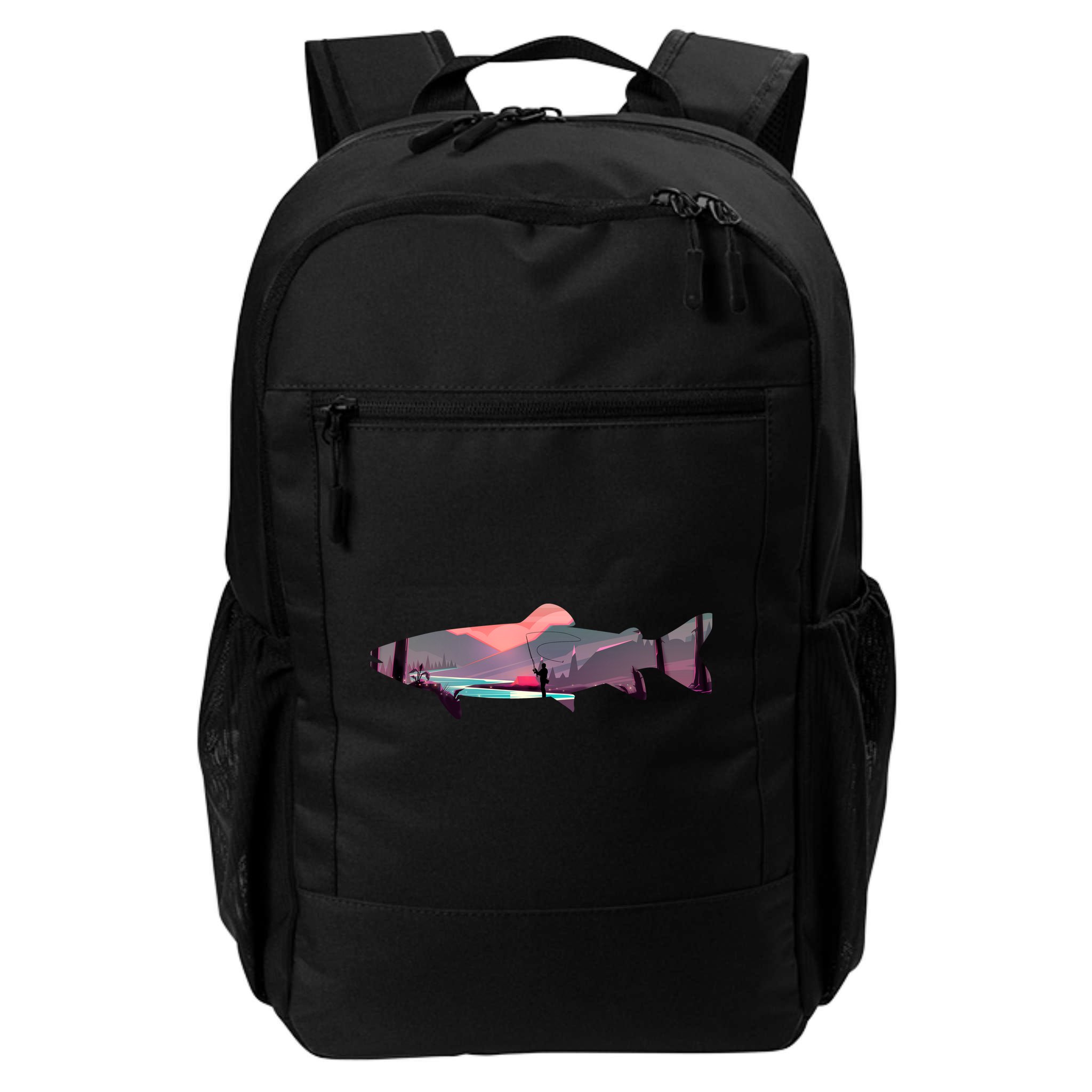 Trout Silhouette Fly Fishing Mountain Sunset River Stream Backpack