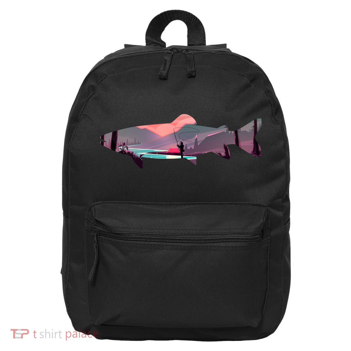 Trout Silhouette Fly Fishing Mountain Sunset River Stream 16 in Basic Backpack
