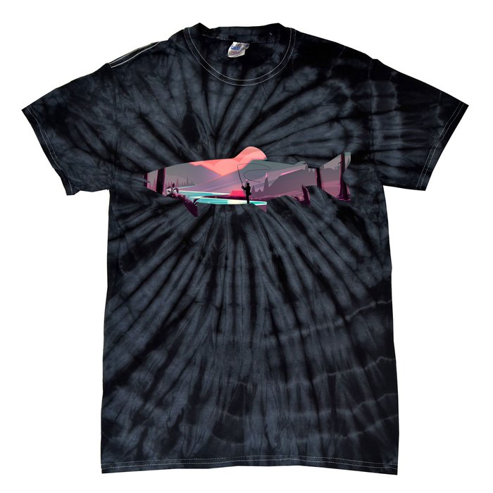 Trout Silhouette Fly Fishing Mountain Sunset River Stream Tie-Dye T-Shirt