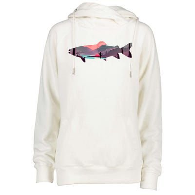 Trout Silhouette Fly Fishing Mountain Sunset River Stream Womens Funnel Neck Pullover Hood