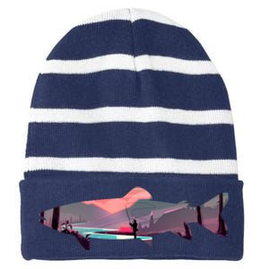 Trout Silhouette Fly Fishing Mountain Sunset River Stream Striped Beanie with Solid Band