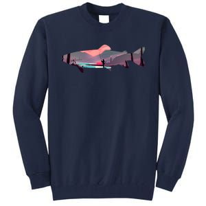 Trout Silhouette Fly Fishing Mountain Sunset River Stream Tall Sweatshirt