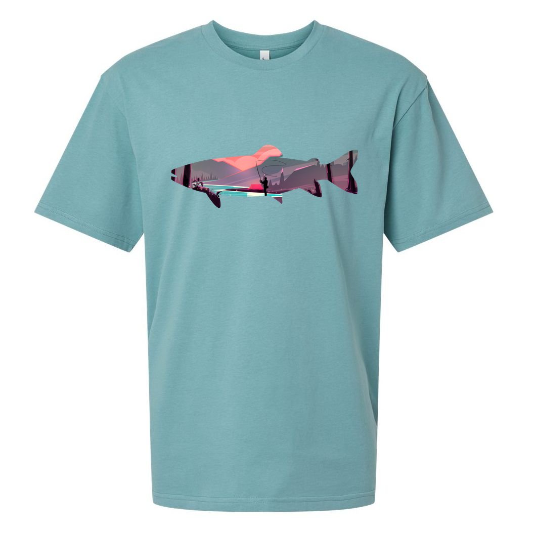 Trout Silhouette Fly Fishing Mountain Sunset River Stream Sueded Cloud Jersey T-Shirt