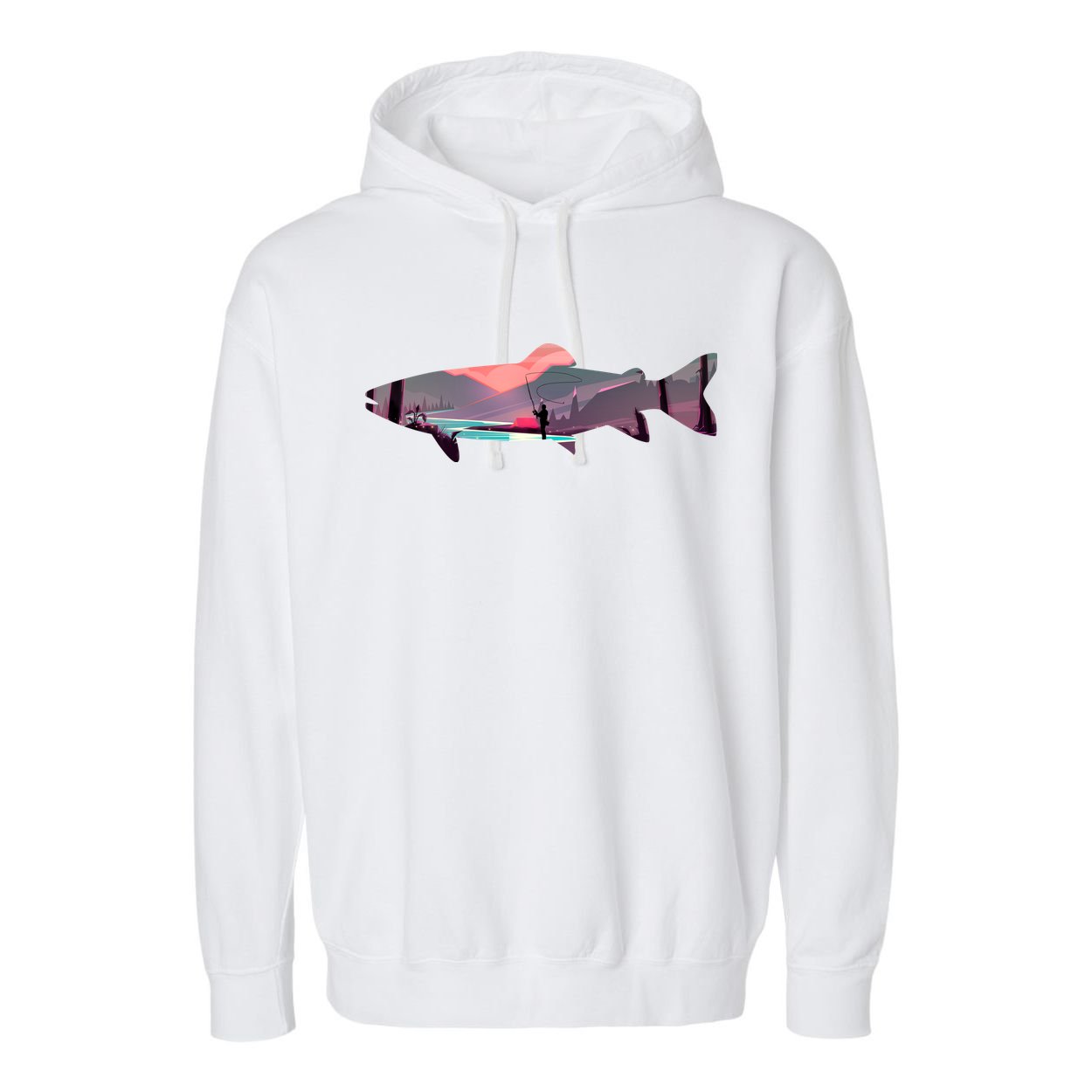 Trout Silhouette Fly Fishing Mountain Sunset River Stream Garment-Dyed Fleece Hoodie