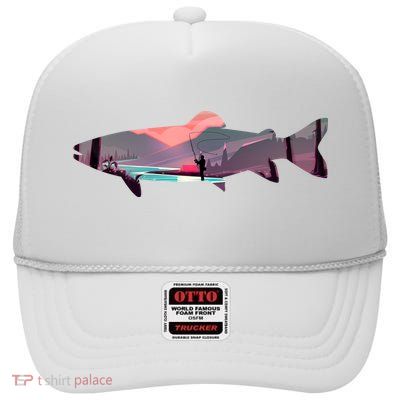 Trout Silhouette Fly Fishing Mountain Sunset River Stream High Crown Mesh Back Trucker Hat