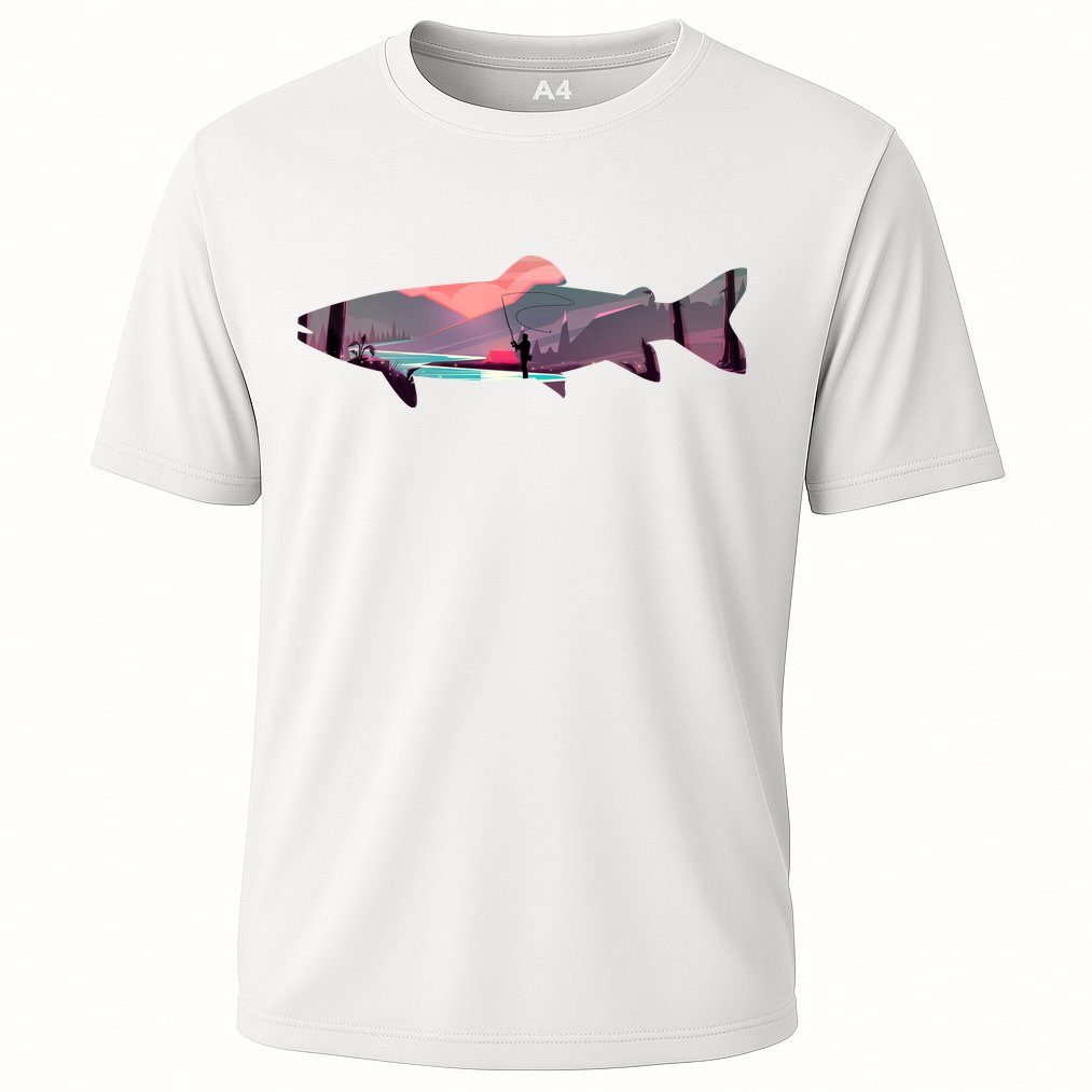 Trout Silhouette Fly Fishing Mountain Sunset River Stream Cooling Performance Crew T-Shirt
