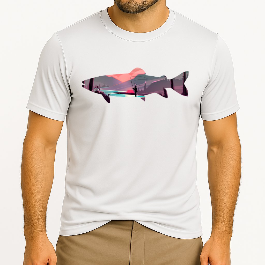 Trout Silhouette Fly Fishing Mountain Sunset River Stream Cooling Performance Crew T-Shirt