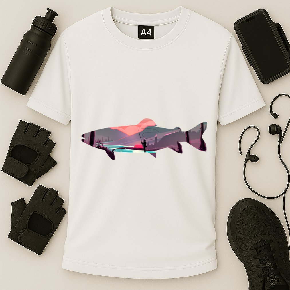 Trout Silhouette Fly Fishing Mountain Sunset River Stream Cooling Performance Crew T-Shirt