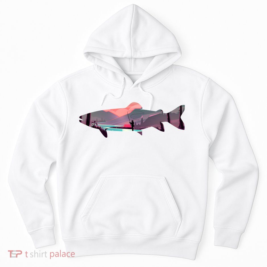 Trout Silhouette Fly Fishing Mountain Sunset River Stream Hoodie
