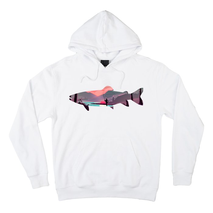 Trout Silhouette Fly Fishing Mountain Sunset River Stream Hoodie