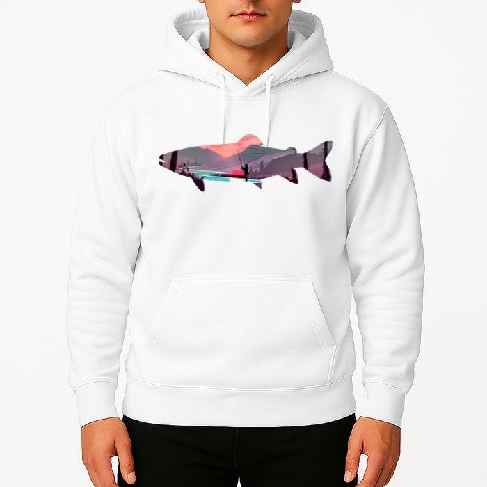 Trout Silhouette Fly Fishing Mountain Sunset River Stream Hoodie