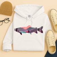 Trout Silhouette Fly Fishing Mountain Sunset River Stream Hoodie