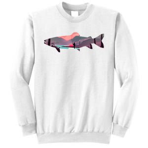 Trout Silhouette Fly Fishing Mountain Sunset River Stream Sweatshirt