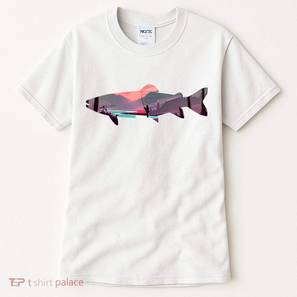 Trout Silhouette Fly Fishing Mountain Sunset River Stream Tall T-Shirt