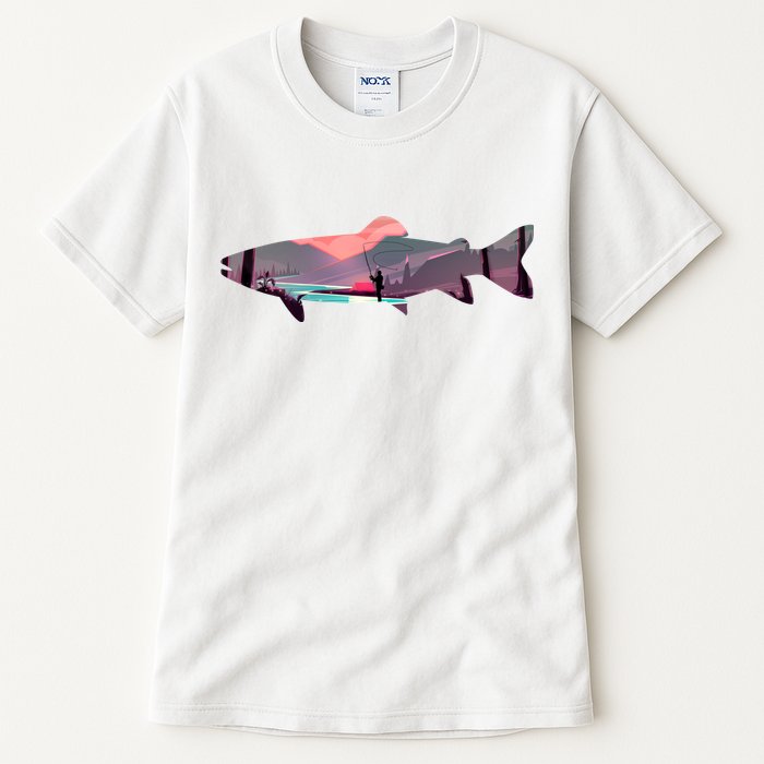 Trout Silhouette Fly Fishing Mountain Sunset River Stream Tall T-Shirt