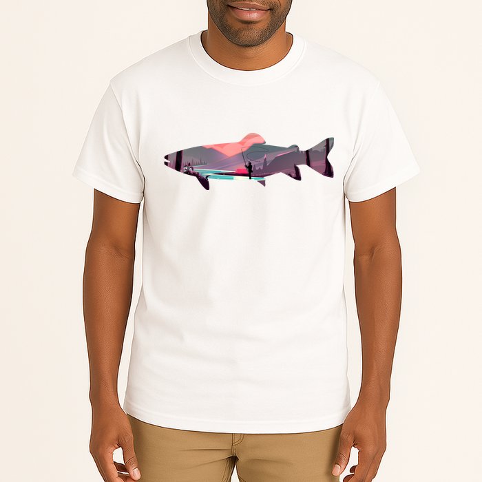Trout Silhouette Fly Fishing Mountain Sunset River Stream Tall T-Shirt