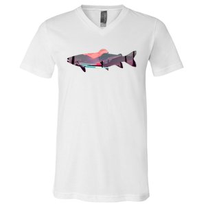 Trout Silhouette Fly Fishing Mountain Sunset River Stream V-Neck T-Shirt