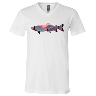 Trout Silhouette Fly Fishing Mountain Sunset River Stream V-Neck T-Shirt