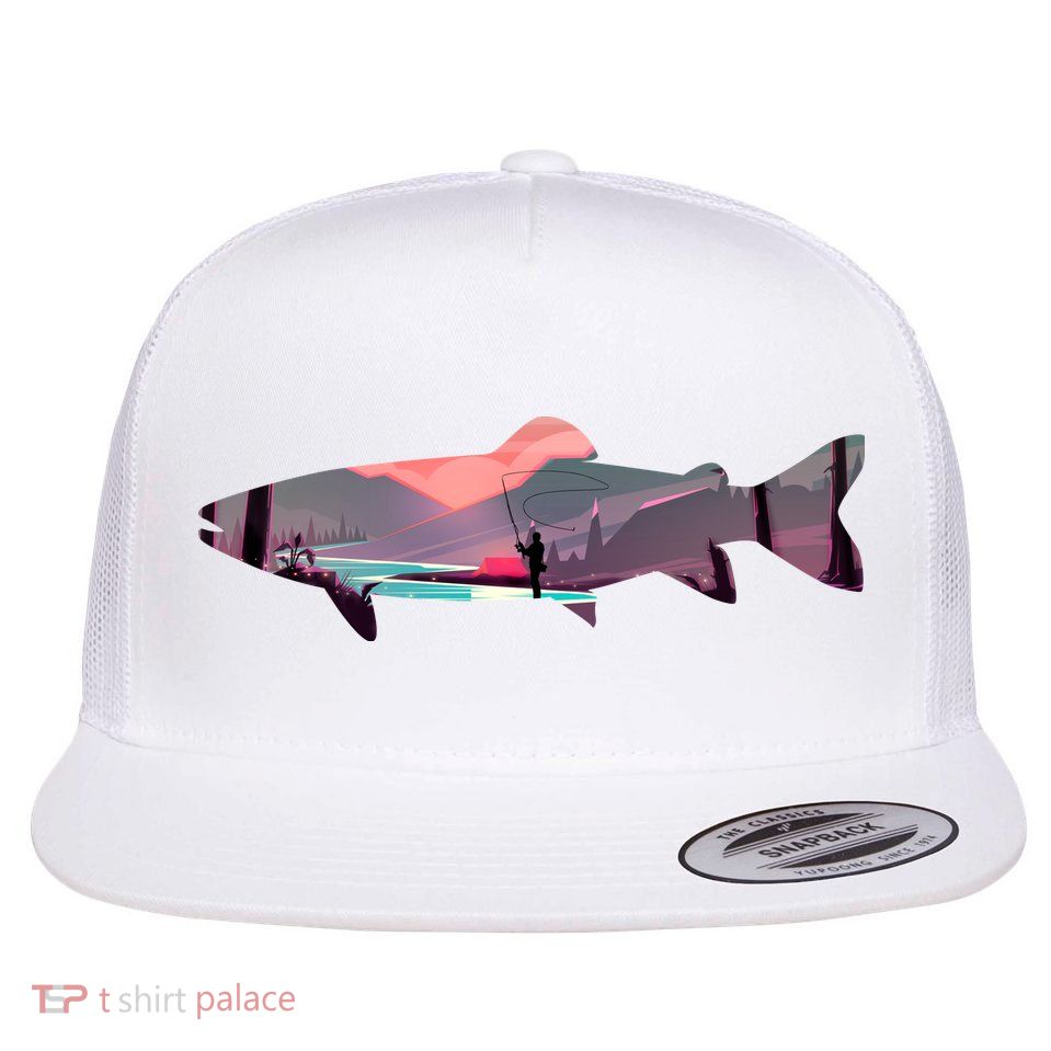 Trout Silhouette Fly Fishing Mountain Sunset River Stream Flat Bill Trucker Hat