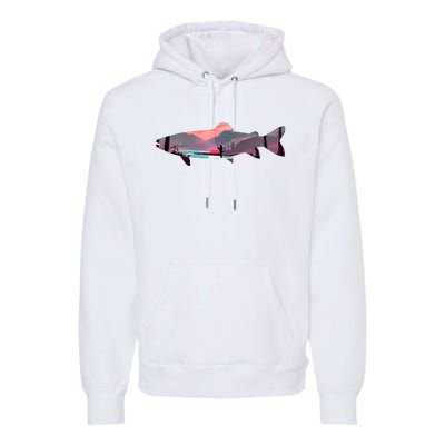 Trout Silhouette Fly Fishing Mountain Sunset River Stream Premium Hoodie