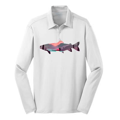 Trout Silhouette Fly Fishing Mountain Sunset River Stream Silk Touch Performance Long Sleeve Polo