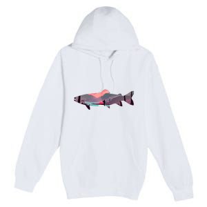 Trout Silhouette Fly Fishing Mountain Sunset River Stream Premium Pullover Hoodie