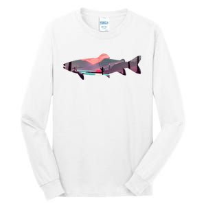 Trout Silhouette Fly Fishing Mountain Sunset River Stream Tall Long Sleeve T-Shirt