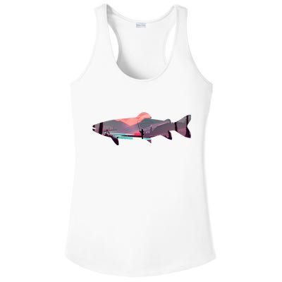Trout Silhouette Fly Fishing Mountain Sunset River Stream Ladies PosiCharge Competitor Racerback Tank