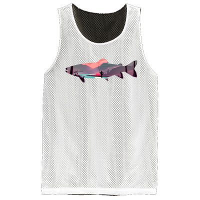 Trout Silhouette Fly Fishing Mountain Sunset River Stream Mesh Reversible Basketball Jersey Tank