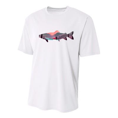 Trout Silhouette Fly Fishing Mountain Sunset River Stream Youth Performance Sprint T-Shirt