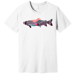 Trout Silhouette Fly Fishing Mountain Sunset River Stream Premium T-Shirt