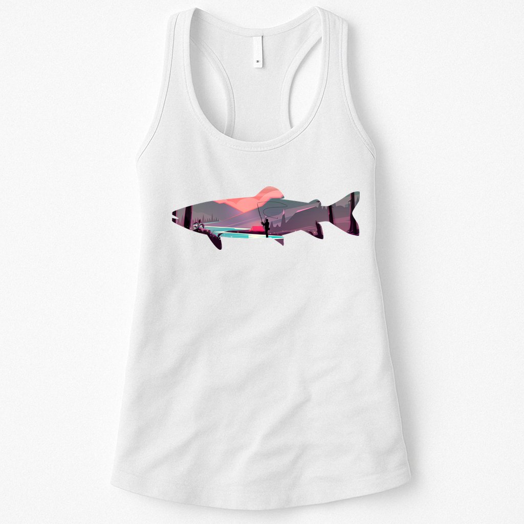 Trout Silhouette Fly Fishing Mountain Sunset River Stream Womens Tank Top