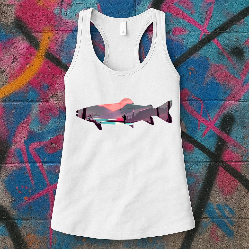 Trout Silhouette Fly Fishing Mountain Sunset River Stream Womens Tank Top