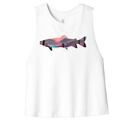 Trout Silhouette Fly Fishing Mountain Sunset River Stream Women's Racerback Cropped Tank