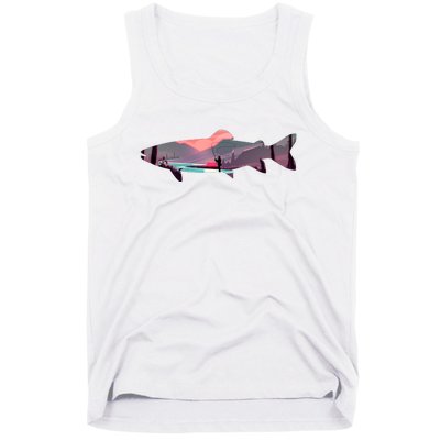 Trout Silhouette Fly Fishing Mountain Sunset River Stream Tank Top